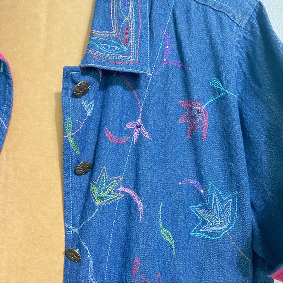 COUNTRY WEAR Vintage Denim Beaded Short Sleeve Shacket Pink Floral Large Petite - Picture 6 of 16